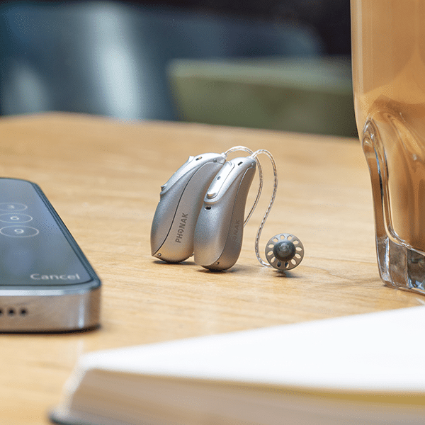 A Phonak hearing aid available at Taylor Hearing Centers.